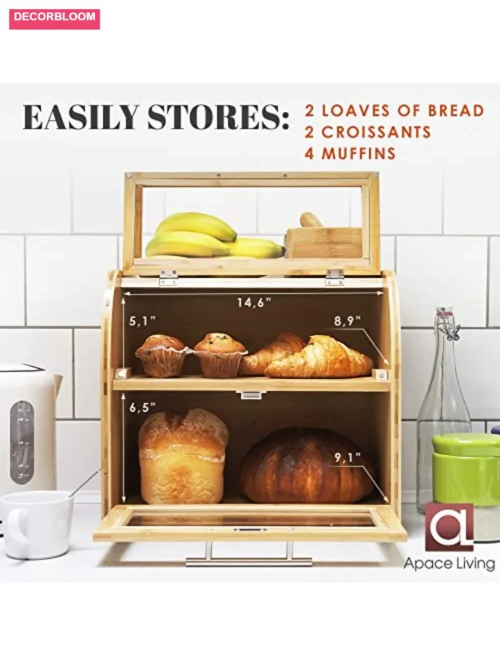 Extra Large 2 Shelf Bamboo Bread Box for Kitchen Countertop, Ventilated with